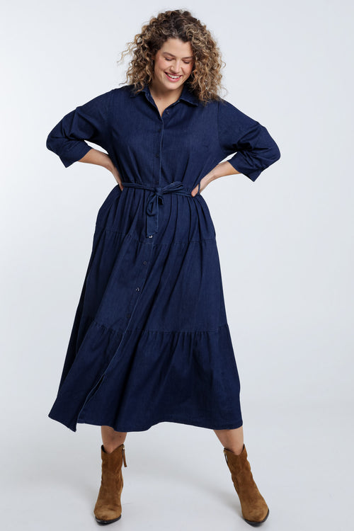 Longue robe à volant en jeans-Paprika-8