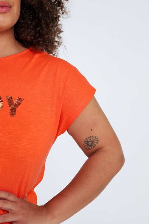 T-shirt uni avec broderie Enjoy et sequins-Paprika-5