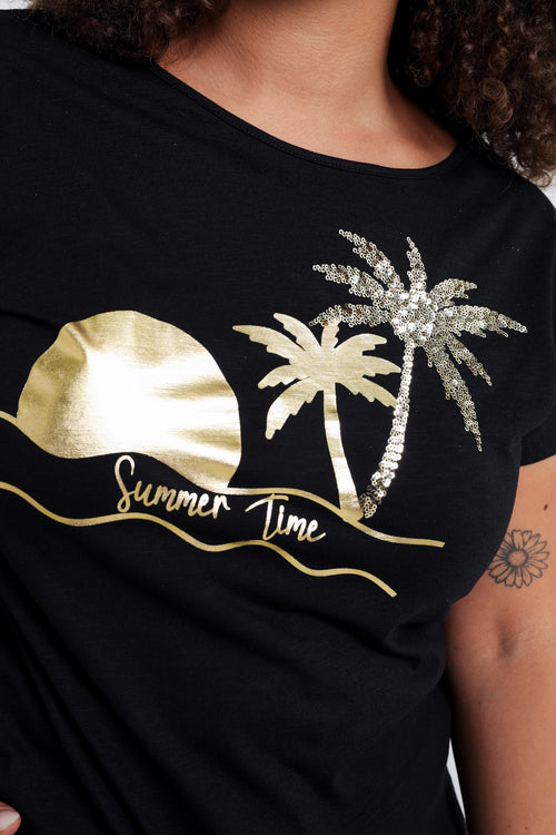 T-shirt van katoen met folieprint van palmbomen en pailletten-Paprika-4