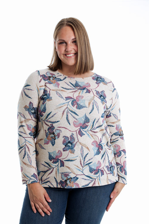 T-shirt van warme gebreide stof met bloemenprint-Paprika-1