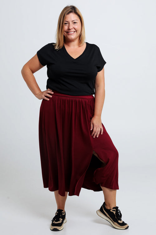 Halflange, effen rok met split-Paprika-7