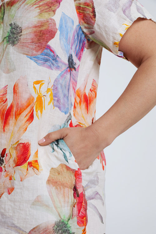 Robe en lin imprimé fleurs-Paprika-5