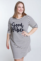 Korte, gestreepte jurk met opschrift 'Good Vibes'