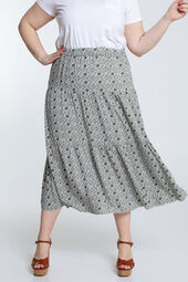 Lange rok in viscose met tweekleurige print en gevlochten riem