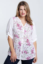 Lange blouse in linnnen en viscose met geborduurd bloemenmotief